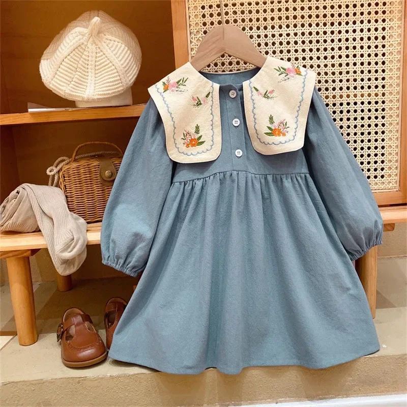 Girls Dress Spring Autumn Long Sleeve Lapel Embroidered Princess Dress Kids Clothes Fashion Korean Children Dresses 2 3 4 5 6 7Y