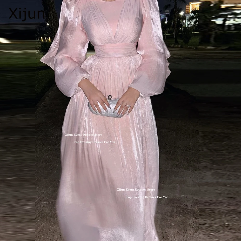 

Xijun Luxury Pink Evening Dresses Full Sleeves Pleated A-Line Long Prom Dresses Saudi Arabic Formal Prom Gowns Women Customized