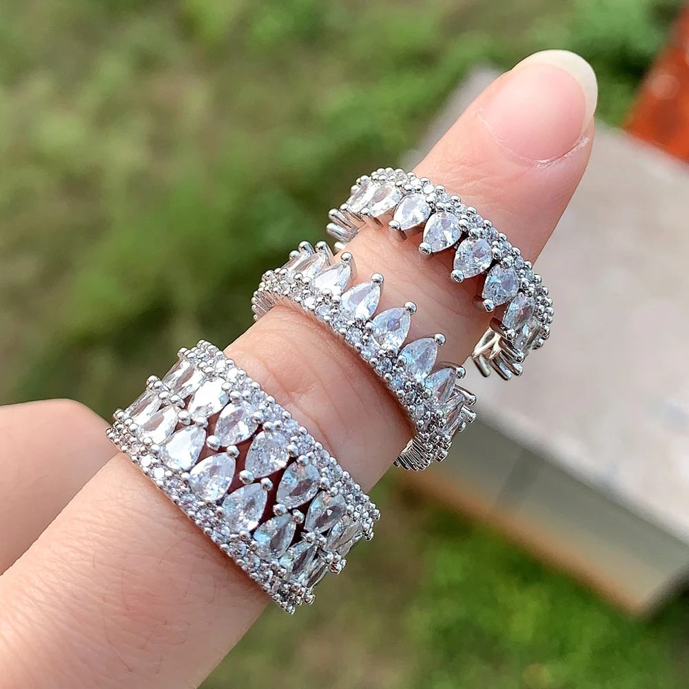 High Quality Micro Pave Bling Cz Water Drop Shaped Stone 2-piece Set Women's Wedding Rings Iced Out Luxury Wedding Jewelry