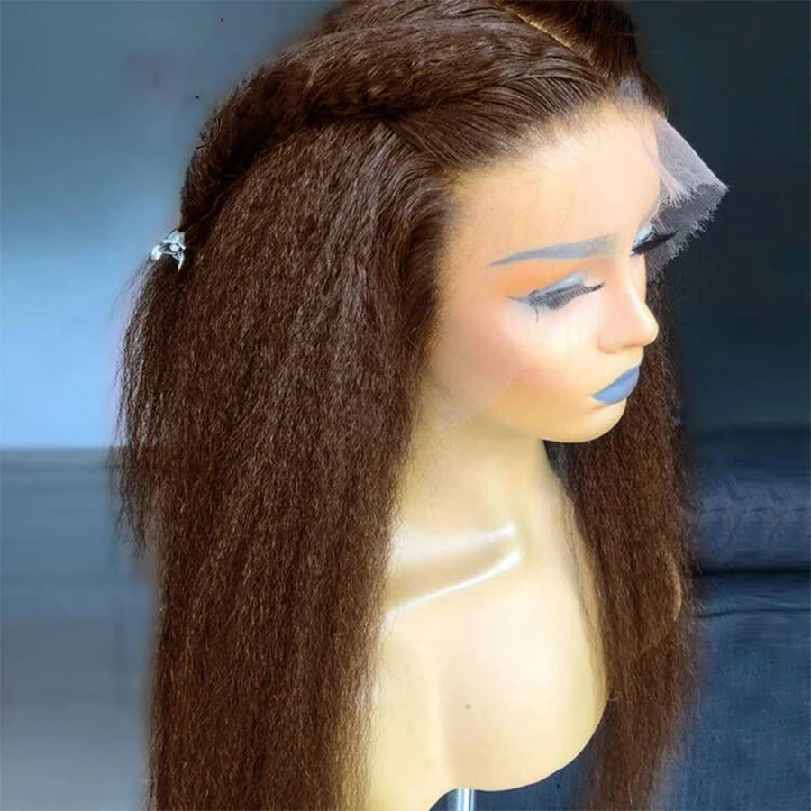 Yaki-peluca larga y rizada con malla frontal para mujeres negras, pelo de bebé sintético sin pegamento, prearrancado, suave, marrón oscuro, 30 pulgadas