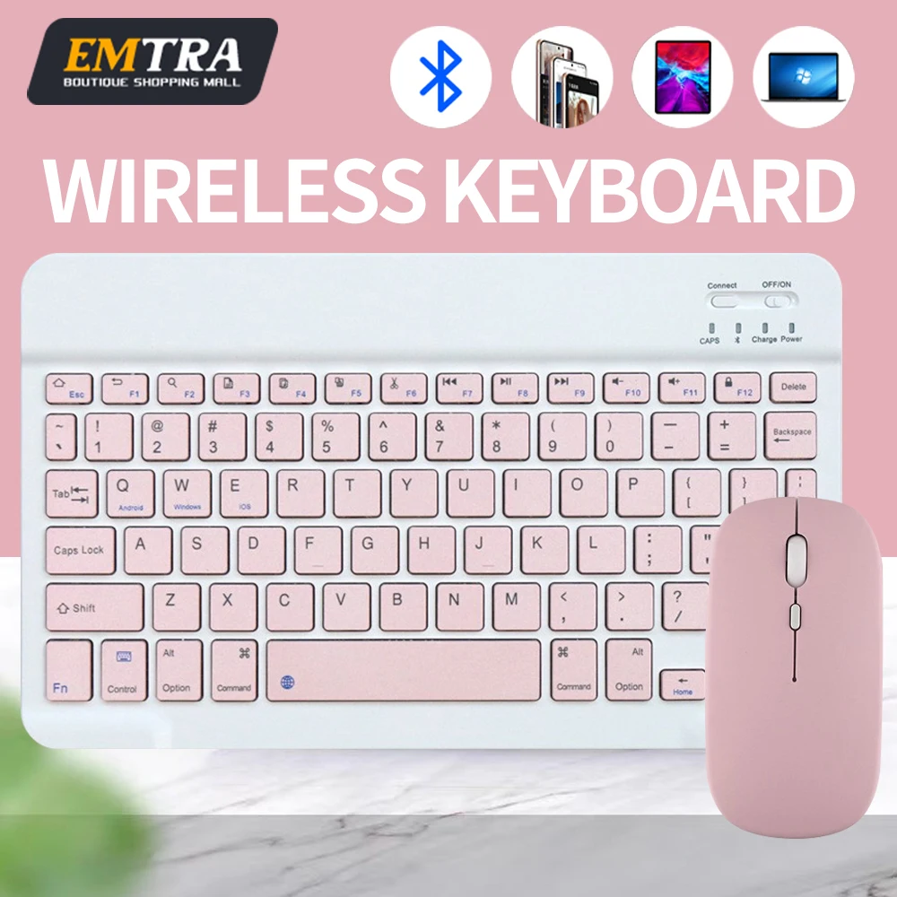 ماوس لوحة مفاتيح بلوتوث لاسلكي لنظام IOS وأندرويد ويندوز والكمبيوتر اللوحي لجهاز IPad Air Mini Pro الإسباني متعدد اللغات لوحة المفاتيح الوردية