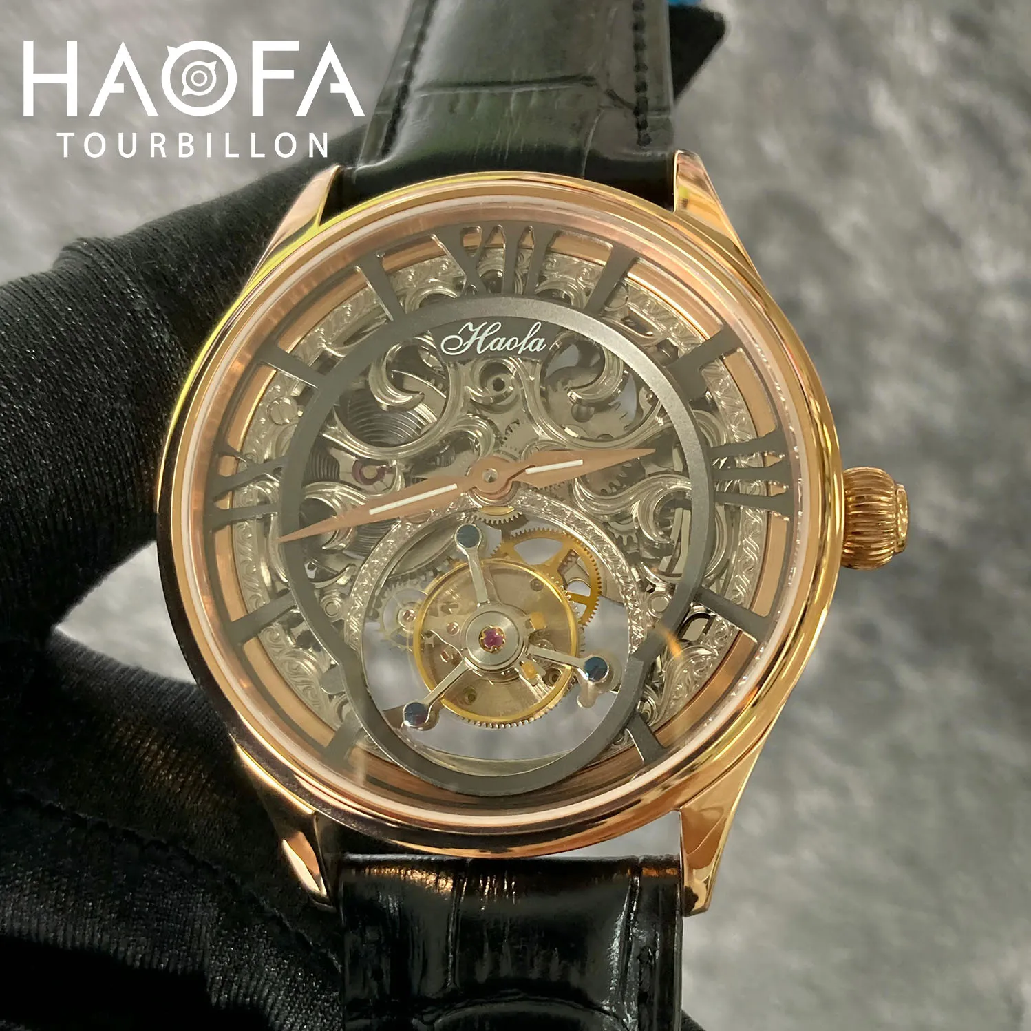 Haofa Vintage Engraved Mens Flying Tourbillon Watch Sapphire Skeleton Manual Mechanical Wristwatch for Men Casual Business 1032