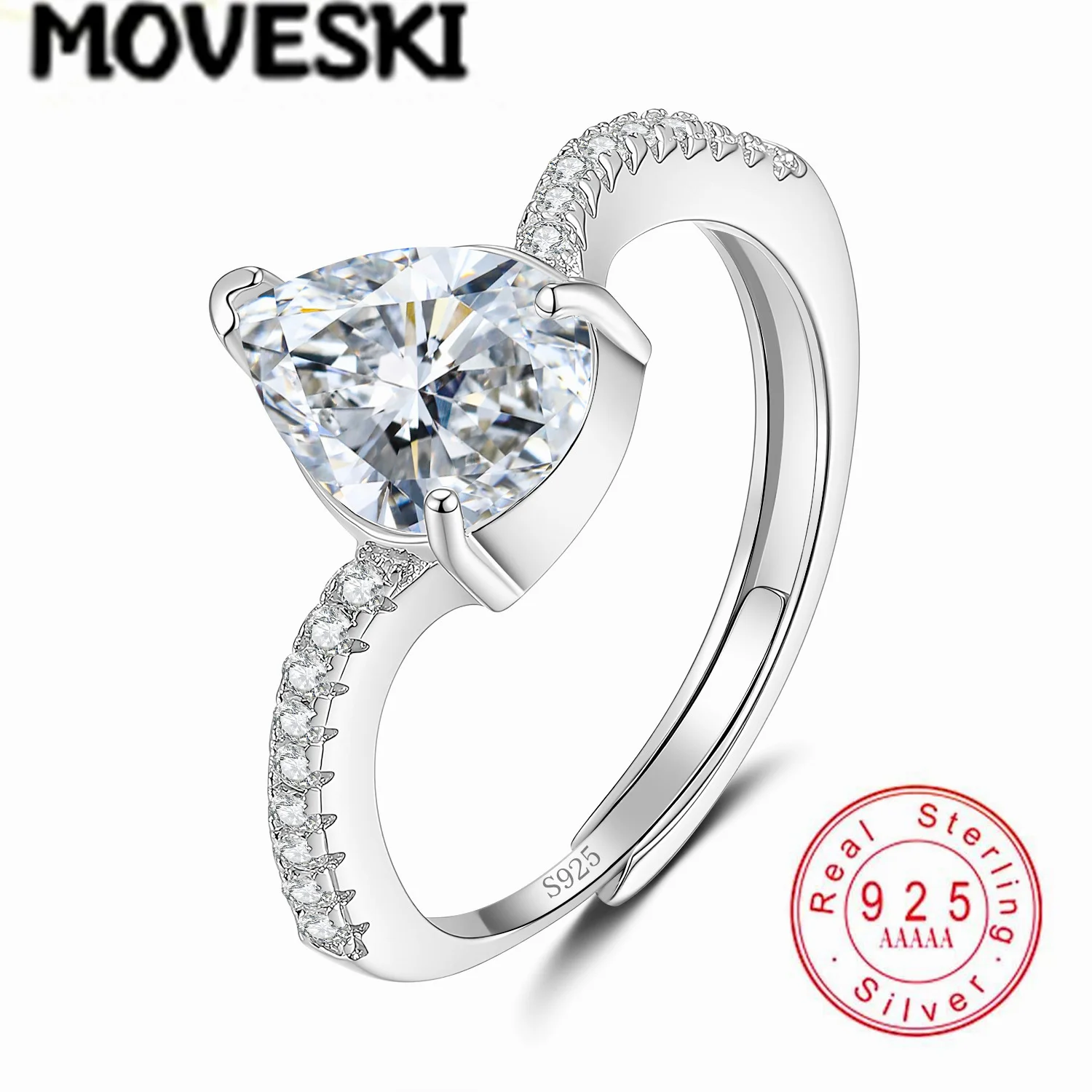 2CT water droplet Cut Moissanite Engagement Ring S925 Sterling Silver Twisted  Adjustable Open Band Wedding Ring For Women