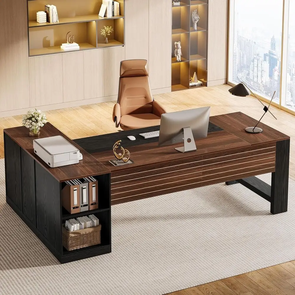 

Large L-Shaped Office Desk with Drawers and Storage Cabinet for Home or Business Workspace