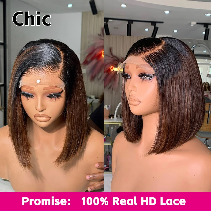 100% Raw Hair Straight Bob Wig #1B/4 Ombre 5X5 HD Lace Closure Wig Pre Pluck Glueless Wig 250% Bob Wig Lace Front Human Hair Wig