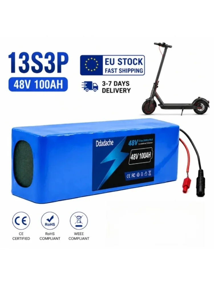 48V 100Ah Elektroroller-Akkupack 13S3P 18650 Lithium-Batterie mit BMS 54,6V Ladegerät für E-Bike EU-Lokallager