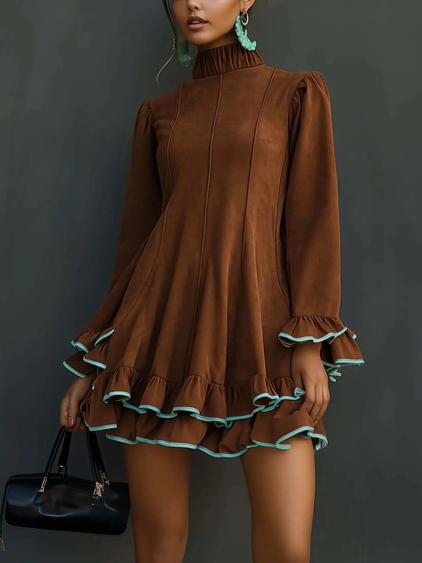 Moda retro camurça mini vestido de alta pescoço manga longa contraste cor emenda vestido dupla camada plissado primavera uma linha vestidos