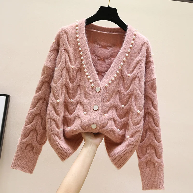 

2023 new fashion all-match knitted outer wear sweater Sweet beaded V-neck knitted cardigan women's spring