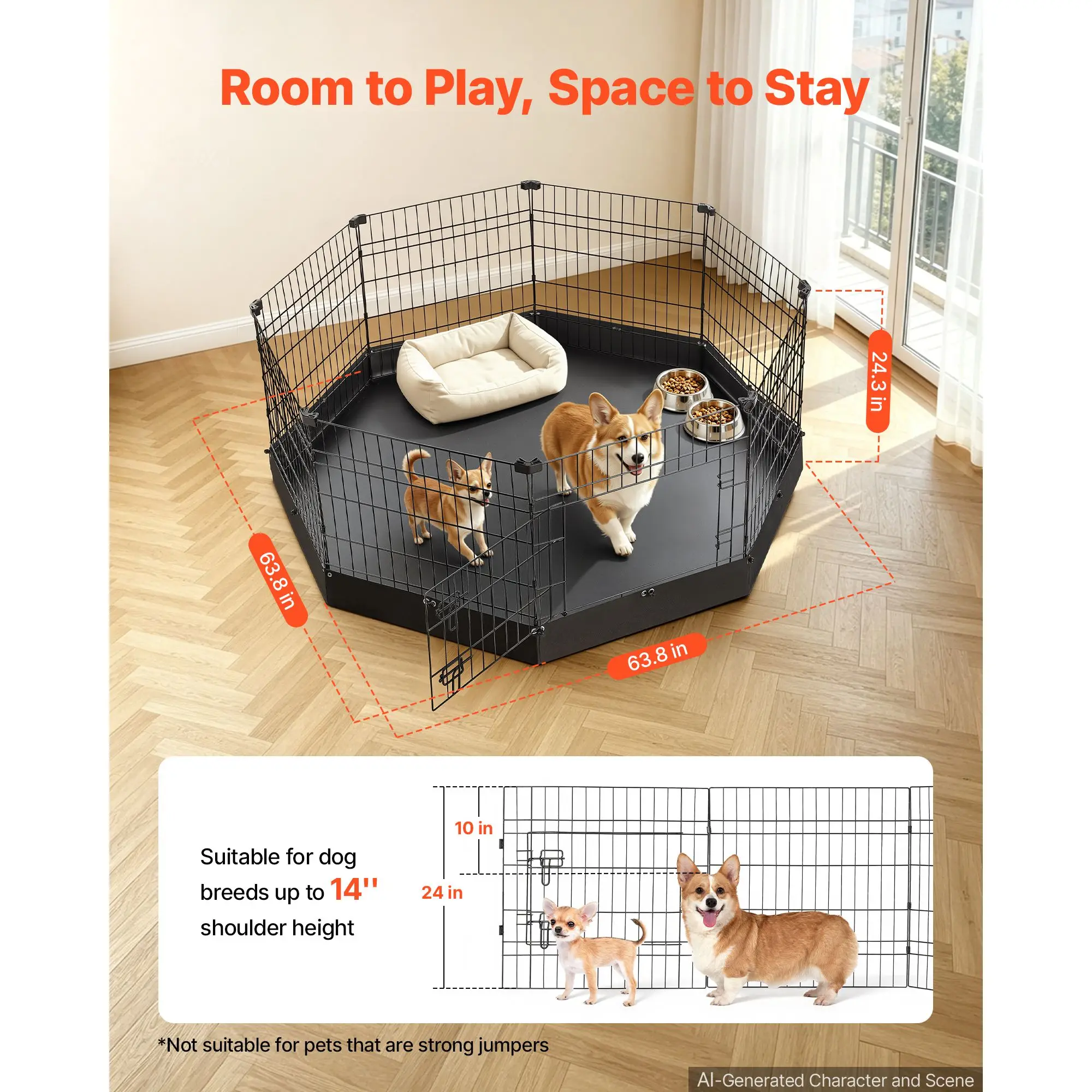 Dog Playpen 24 Inch 8 Panels Heavy Duty Exercise Pen with Bottom Pad, Indoor Foldable Metal Pet Fence Door, Puppy Crate Kennel