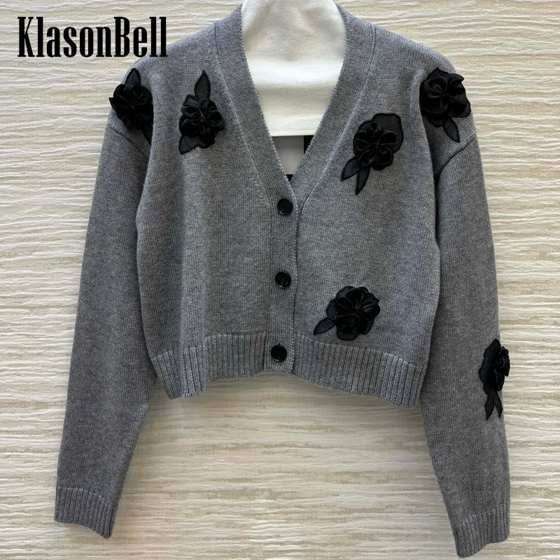 

7.31 KlasonBell Women Fashion 3D Flower Mesh Decoration V-Neck Cardigan 2024 Autumn Winter New All-match Short Wool Knit Coat