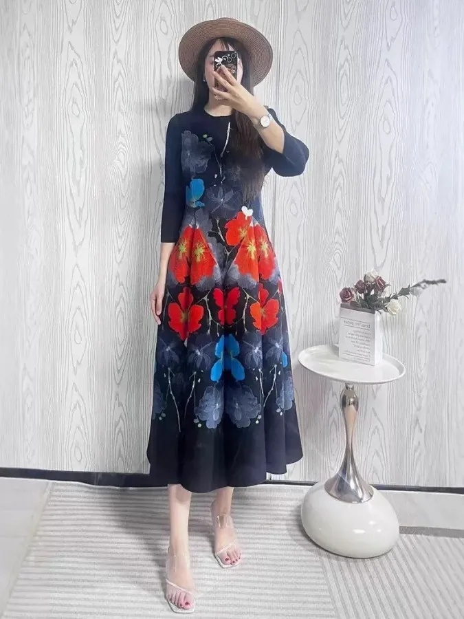 

Длинное плиссированное платье Ele, весна, лето, осень, нежный ветер, цветочный принт, восемь шт., юбка, высокая эластичность, женское платье