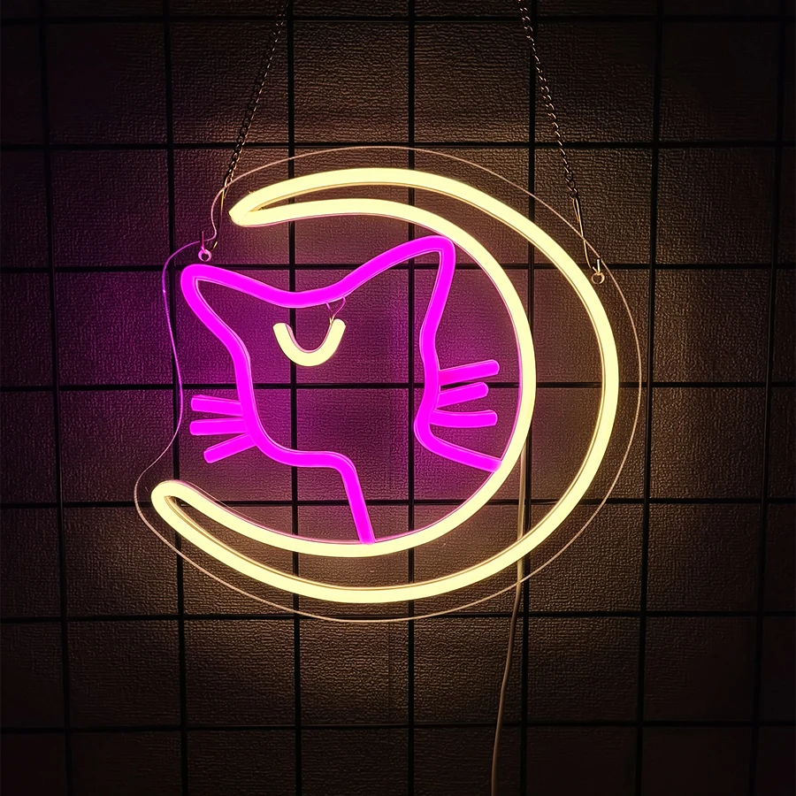 Anime Luna Neon Sign for Bedroom Wall Decor, LED Moon Cat Signs for Gifts, Girls Game Room Dorm Birthday Party Decoration