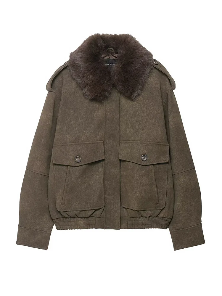 

HH Women Chic Long Sleeve Lapel Pocket Zipper Buttons Design Winter Coat Fashion Woman Faux Fur Removable Elegant Casual Jacket