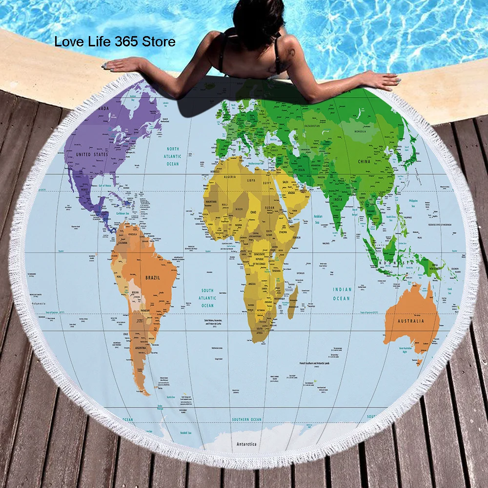 

Map Fashion Round Beach Towels Summer Thick Bath Towel Microfiber Fabric 150cm Size Swimming Travel Sport Adult Kids