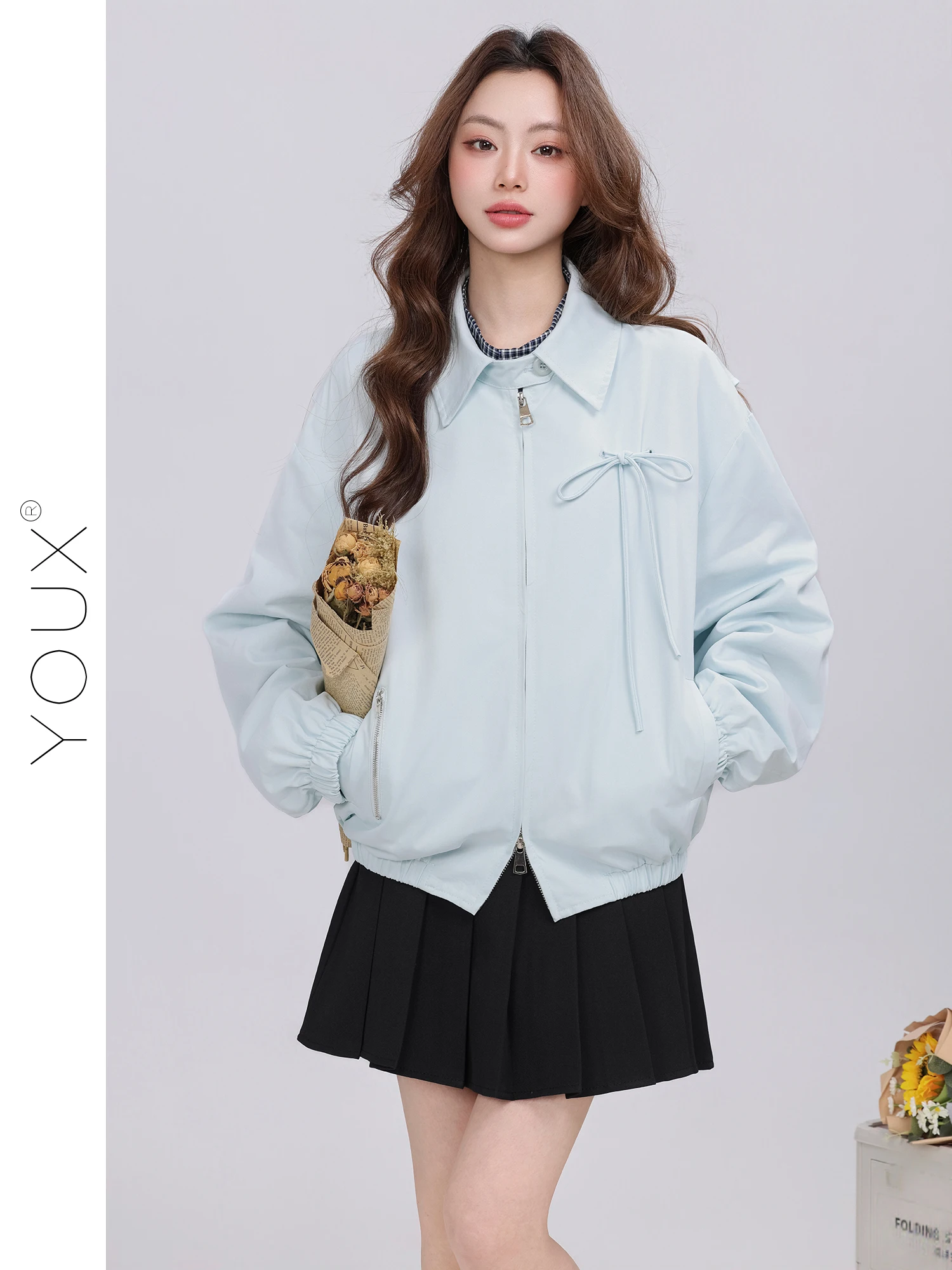 

Высококачественный повседневный кардиган на молнии с воротником на завязках, весна 2026, новая корейская модель свободного кроя, женское пальто