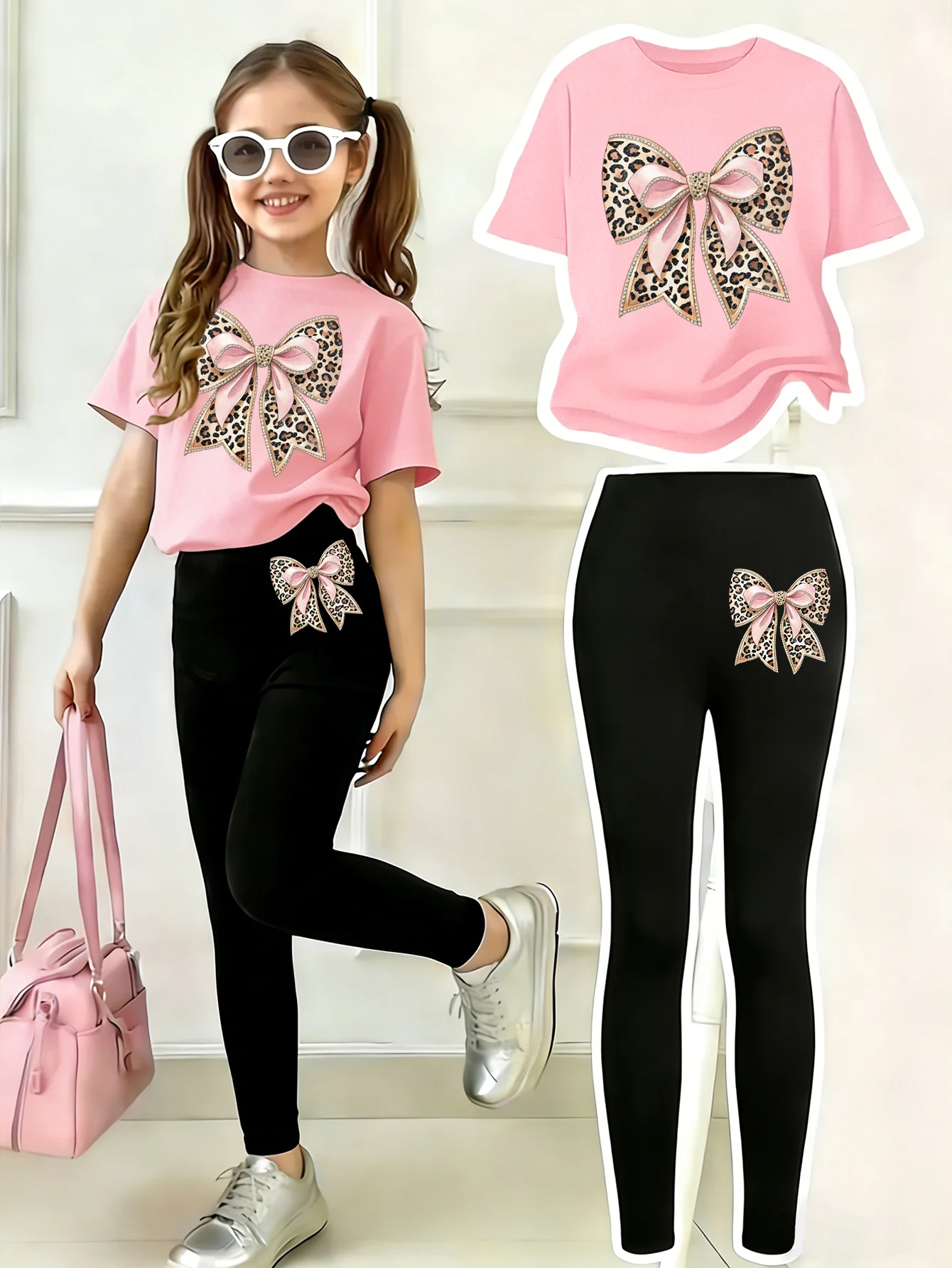 Girls' Casual Short-Sleeve Set: Regular Short-Sleeve Top + Leggings Two-Piece Set, Pink Faux Sequin Bow 