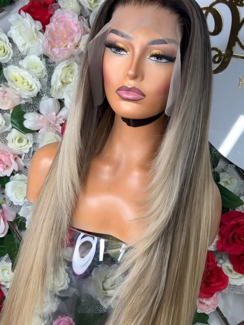 Brown Ash Blonde With Dark Roots Synthetic Wig For Women Synthetic Fibre Long Layered Straight Wig Glueless 13X4 Lace Front Wig
