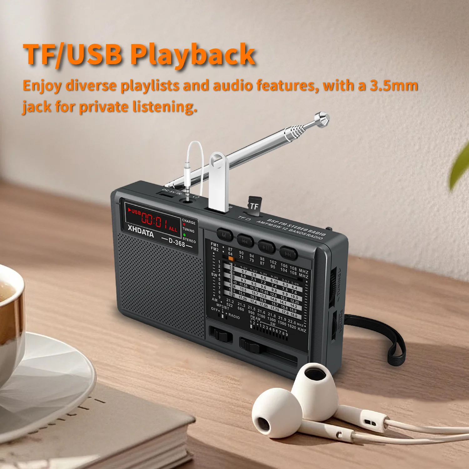 XHDATA D-368 Portable Stereo Radio FM AM SW MP3 Player with Bluetooth TF Card USB Playback 4Ω 3W Speaker Rechargeable Battery image 4