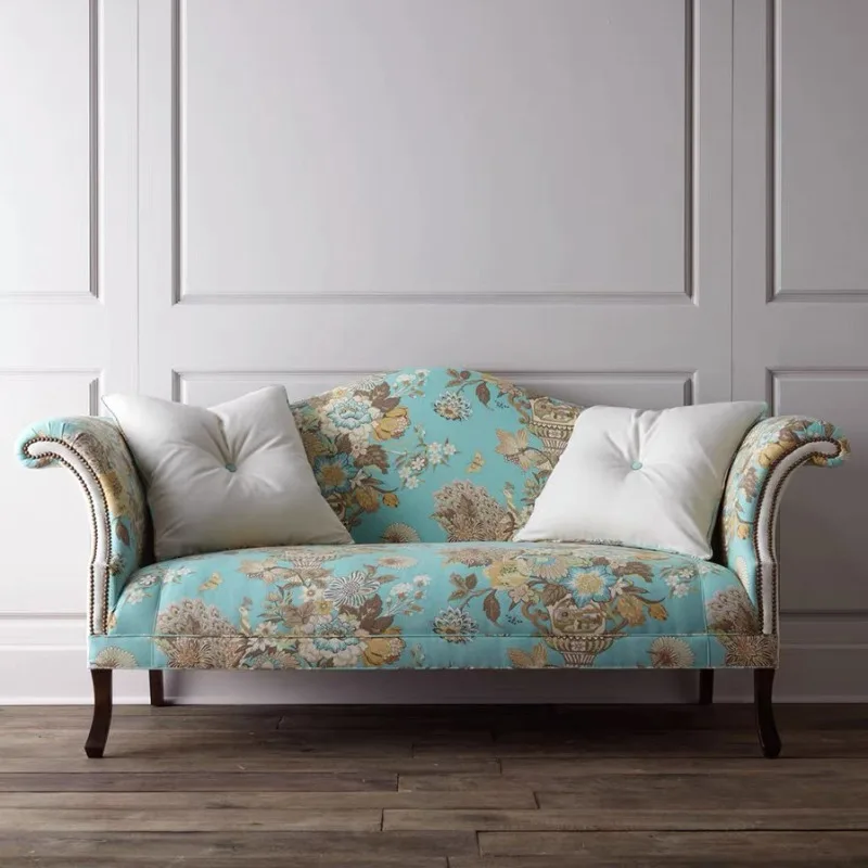 Neoclassical retro solid wood fabric color cloth double sofa, villa large flat floor hotel studio living room furniture