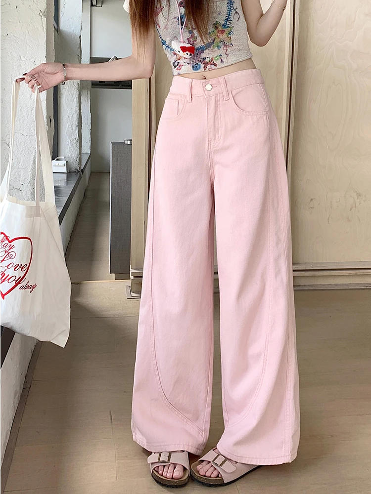 

Pink Loose Short And Long Style Design Wide Leg Jeans Women Summer Autumn New High Waist Slimming Straight Leg Dragging Pants
