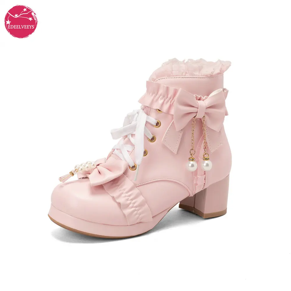 Autumn Winter Block Chunky High Heels Ankle Boots Women Black White Pink Zipper Lolita Girls Booties Office Lady Shoes 34-43