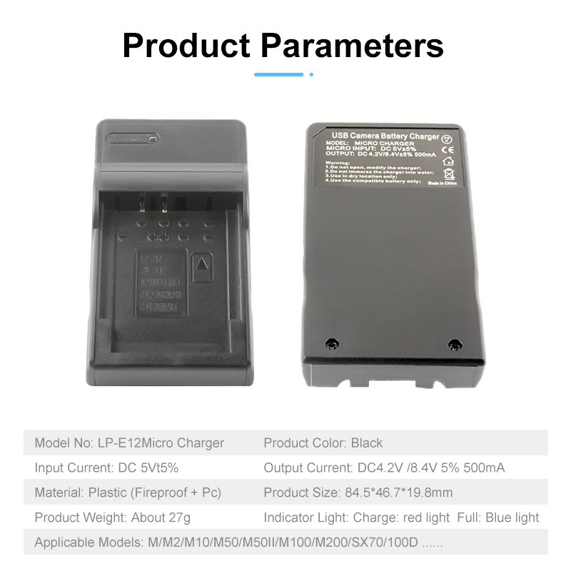 LP-E12 LPE12 LP E12 Battery USB Charger for Canon Rebel SL1 100D Kiss X7 EOS-M EOS M M2 EOS M10 M50 M100 Camera Accessories