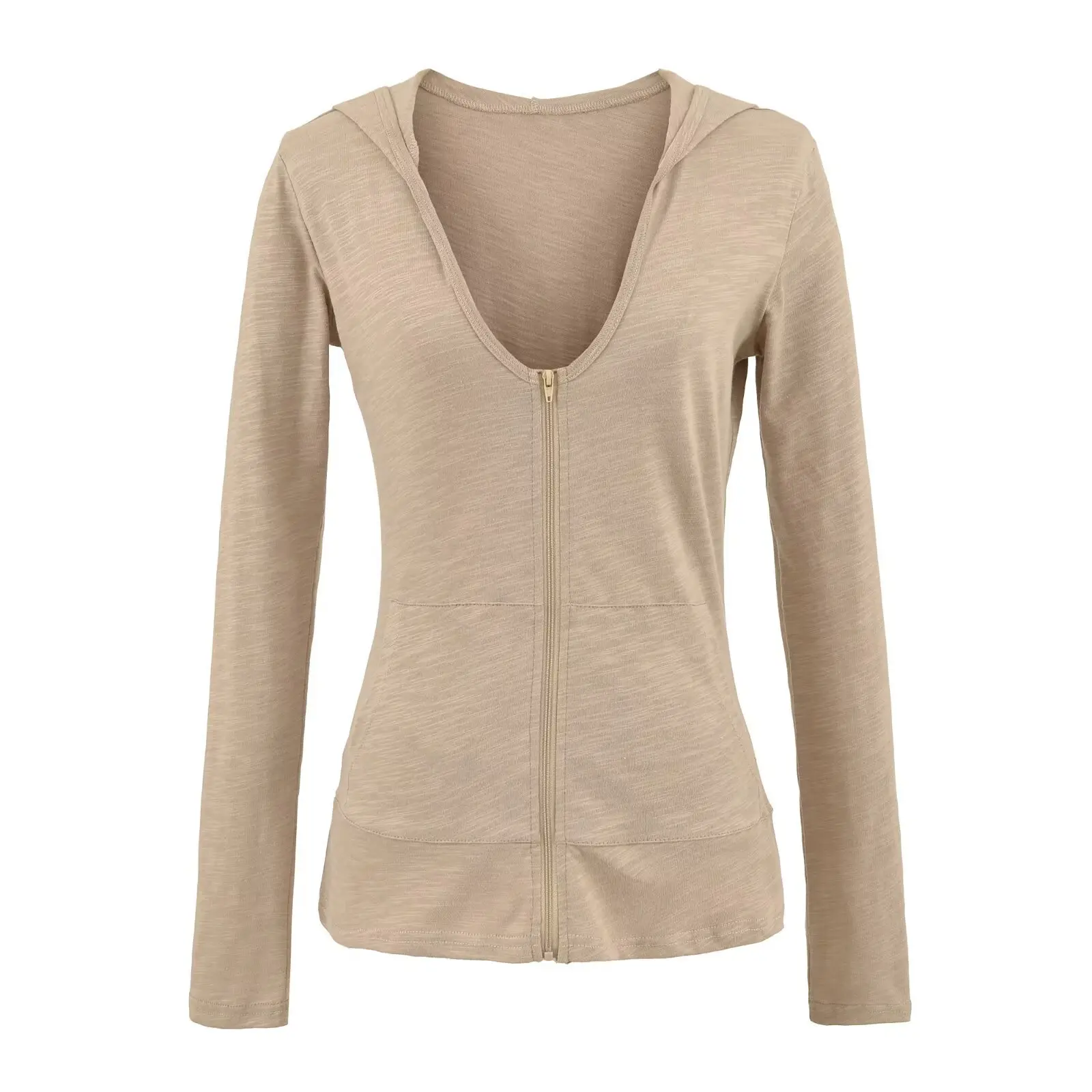 سترة نسائية خفيفة الوزن بغطاء للرأس بقصة ضيقة سترة نسائية أوائل الخريف شفافة برقبة على شكل حرف V وسحاب علوي