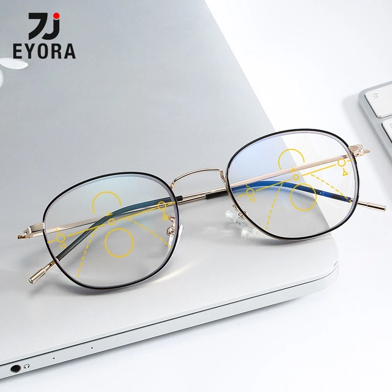 

EYORA Metal Oval Reading Glasses Anti Blue Light Myopia Glasses Anti-Reflection Photochromic Progressive Prescription Eyewear