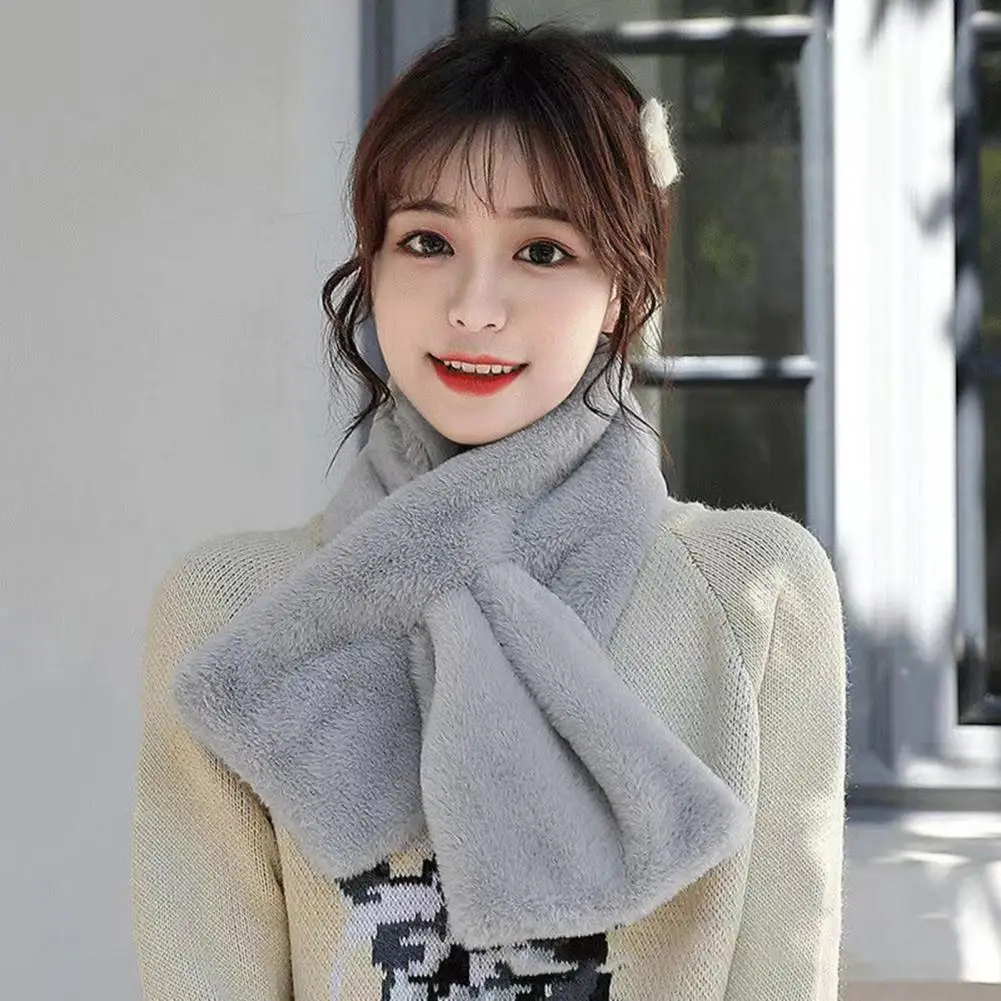 Women Neck Warmer Collar Scarf Imitation Animal Hair Scarf Solid Color Thickened Plush Cross Autumn Winter Cold Weather Scarf