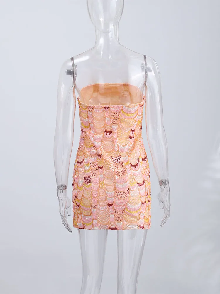 Paillettenbesetztes Trägerloses Mini-Bodycon-Kleid Sexy Ärmelloses Rückenfreies Taillenschnürendes Hüftbetontes Kleid Glänzendes Damen-Partykleid – Detail 4