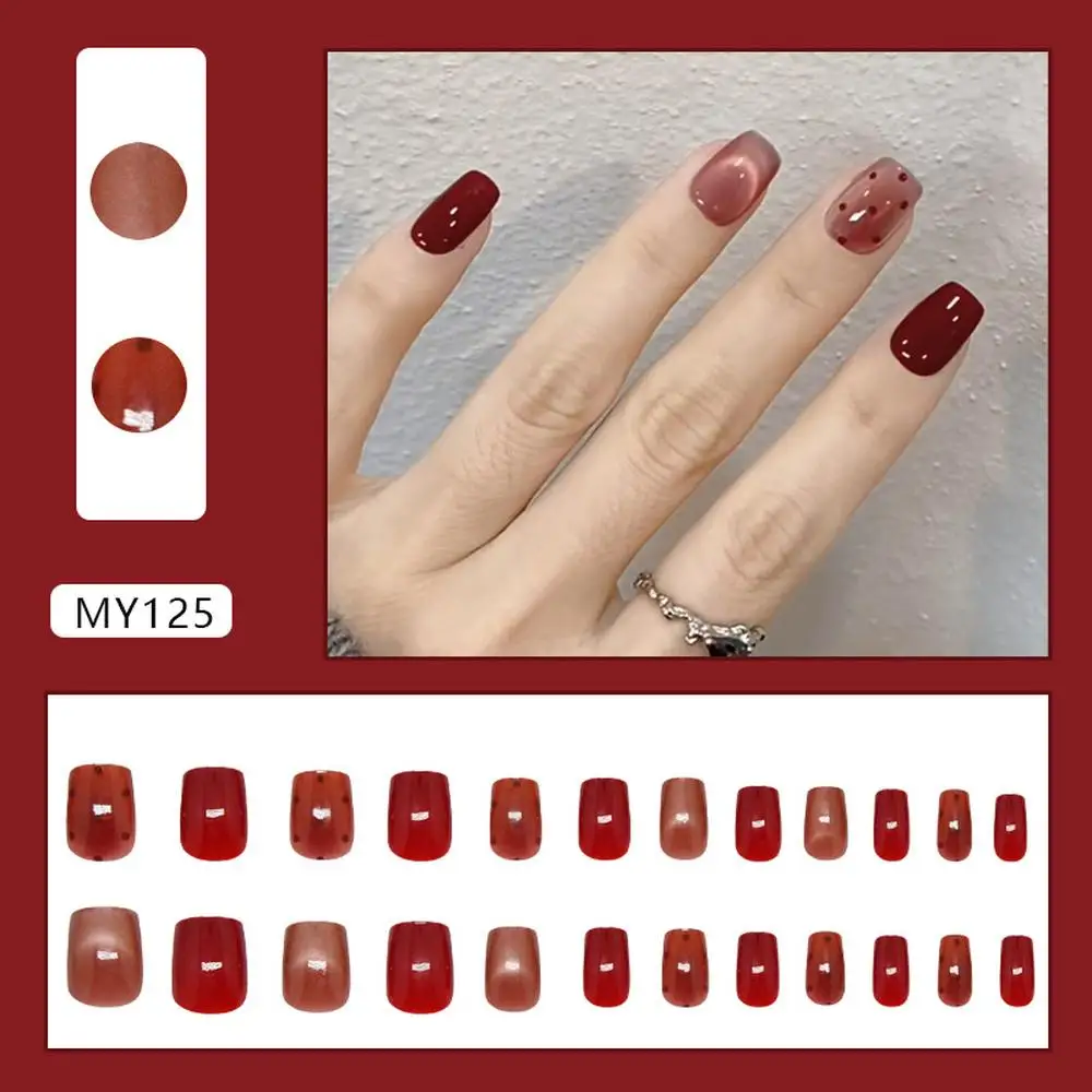 Süße Polka-Dot-Kunstnägel in Pink-Braun mit French Star Cat Eye-Effekt, glänzend, Kroos Heart Girl, europäischer und amerikanischer Stil, tragbare Nagelschutzabdeckung