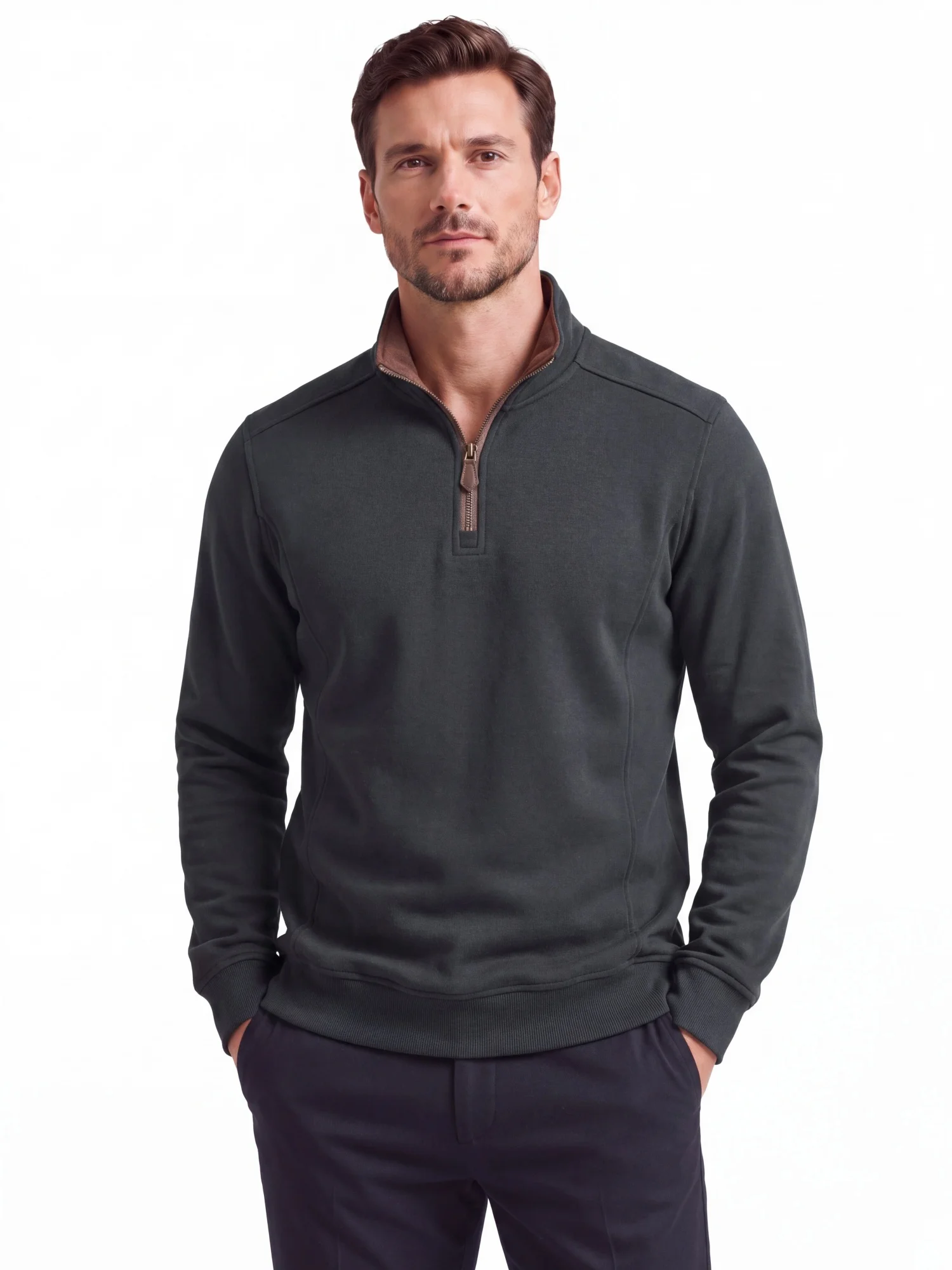 AIOPESON Herren Pullover mit halbem Reißverschluss, Stehkragen, einfarbig, warm, gemütlich, langärmelig, Sweatshirt, Herbst-Winter, lässig, leicht, Oberteil – Detail 8