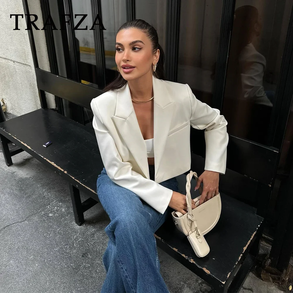 TRAFZA-Veste Courte Élégante et Chic pour Femme, Blazer Décontracté à Bouton Unique, Couleur Unie, Printemps Été 2024