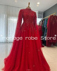 Red Sparkly Muslim Evening Formal Dresses with Cape Sleeve Luxury Beaded Embroidery Customsized Caftan Kaftan Prom Gown