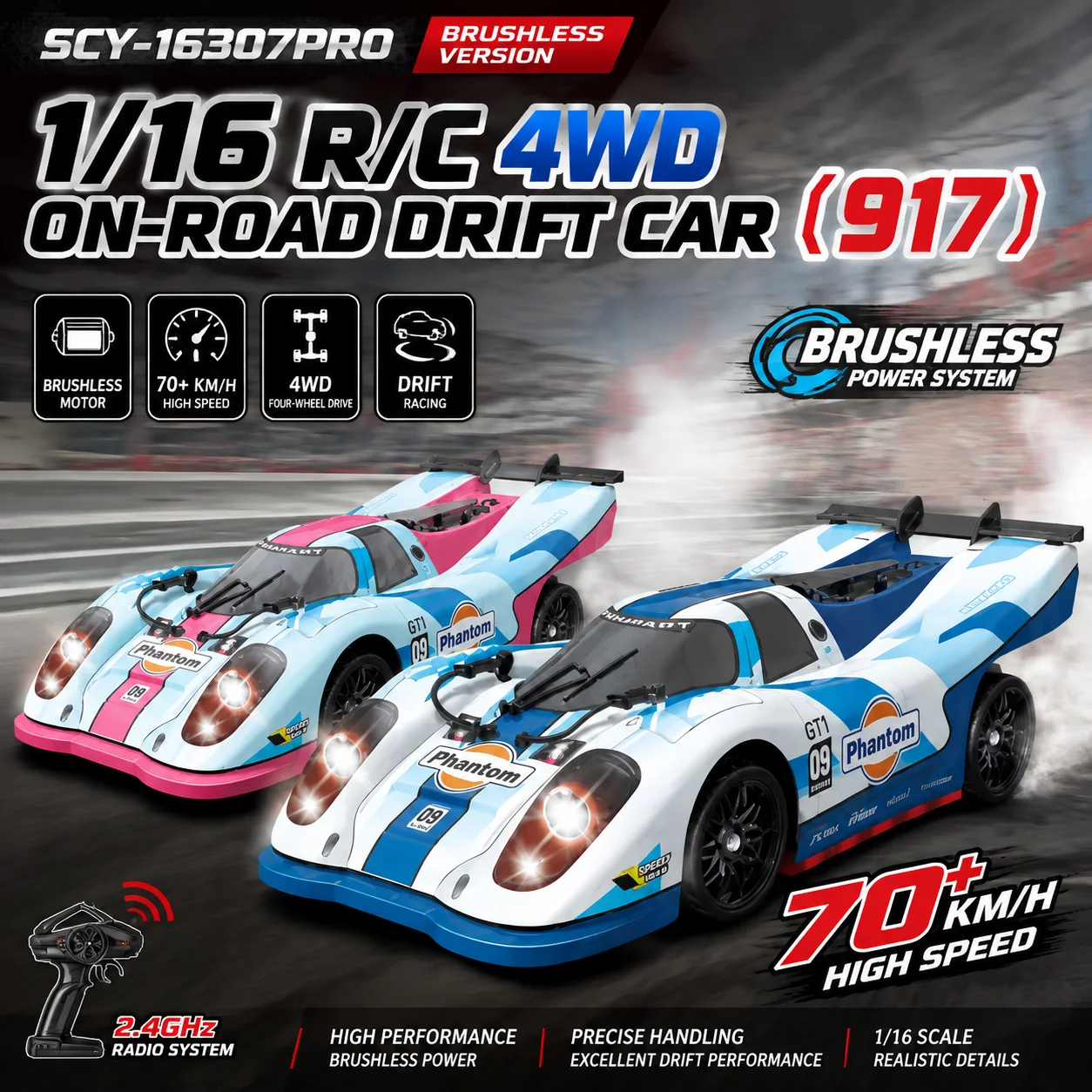 1/16 Scale RC Car 2.4G Drift Racing 4WD High-Speed 70km/h Brushless Remote Control Off-Road Supercar for Competitive Racing