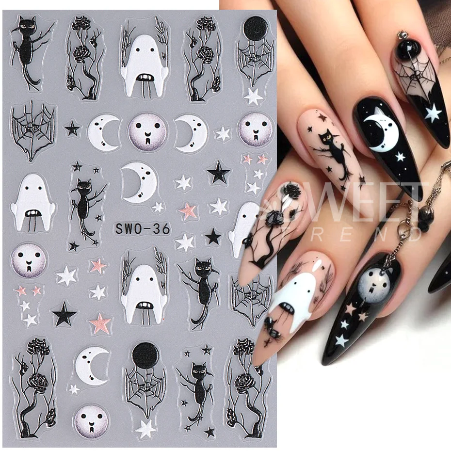 Cartoon Skull Halloween Nail Art Stickers Pink Bones Ghost Cat Moon Tree Owl Stripes Lines Winter Christmas Manicure Decoration