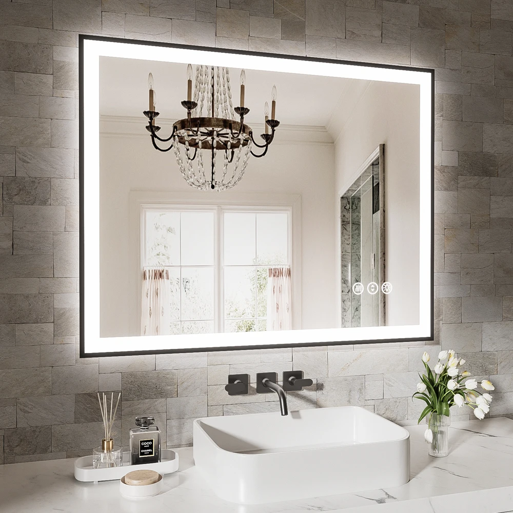 Rizzon 40x32 Inches Smart Anti-Fog LED Bath Mirror with Front light and backlight, 3-Color and Brightness Adjustable and Memory