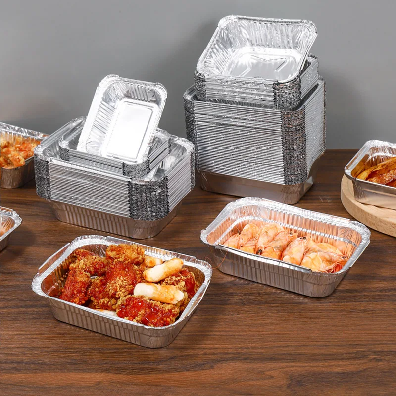 Bandeja de papel de aluminio Rectangular, freidora de aire, contenedores de alimentos desechables, cuencos para barbacoa, cajas para tartas, caja de embalaje de aluminio, 10 Uds.