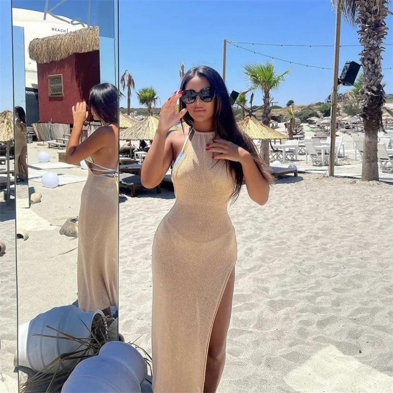 Robe longue en tricot transparent pour femmes, dos nu, col licou, sexy, élégante, solide, dos nu, mince, fente haute, plage, dos nu