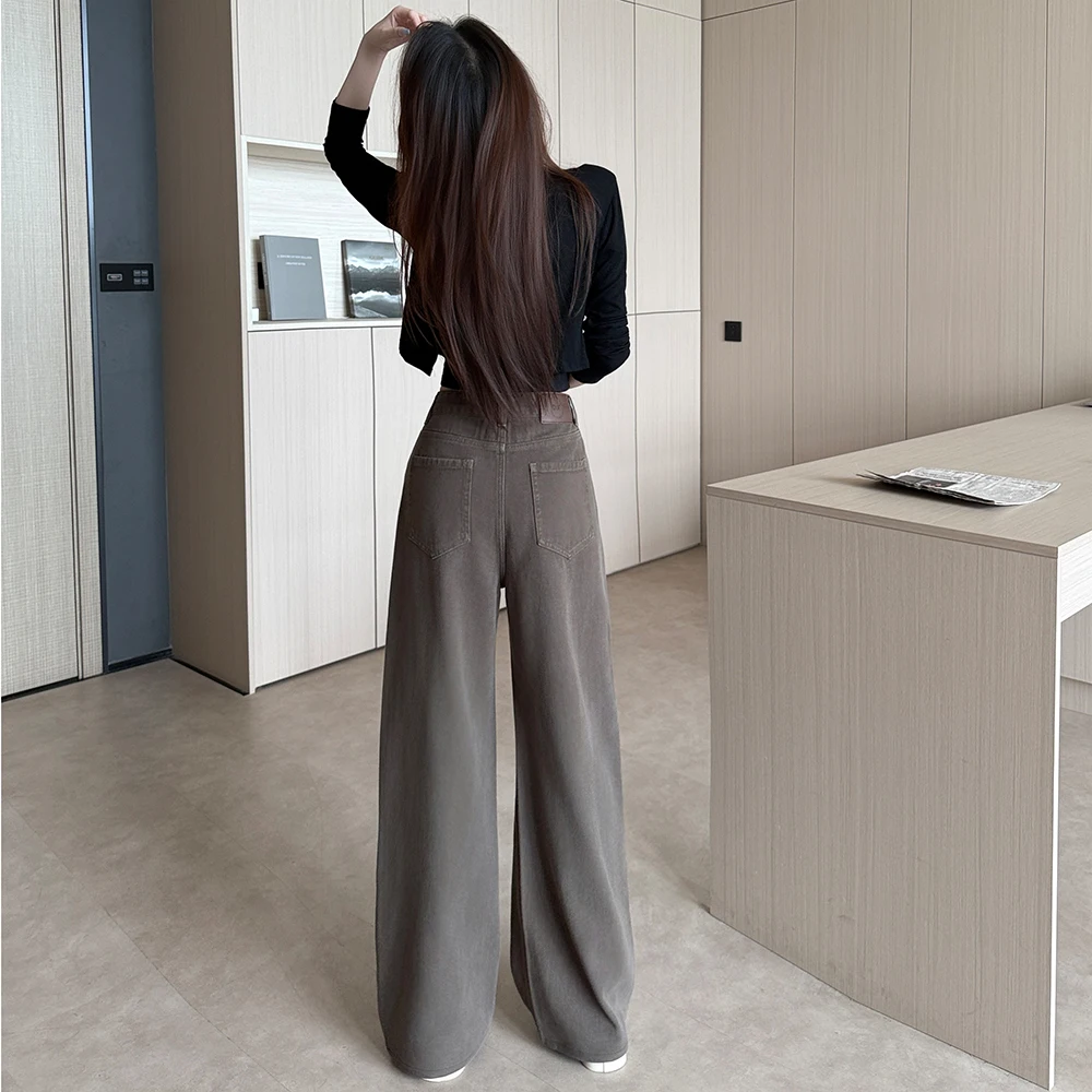 Women's Petite‑Fit Coffee‑Colored Narrow‑Cut Straight‑Leg Wide‑Leg Jeans, Versatile For Autumn And Winter Daily Outfits - view 4