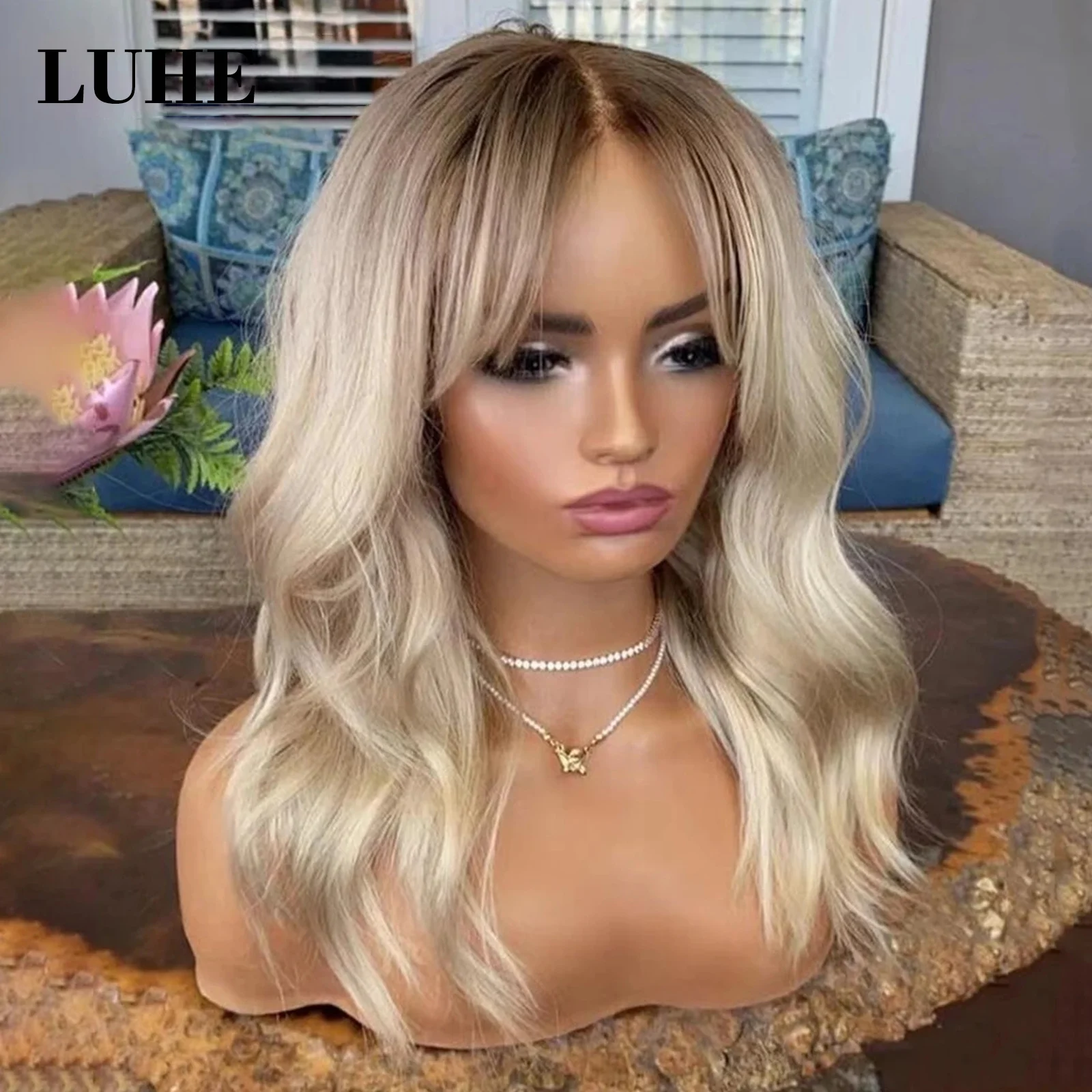 Ombre Platinum Blonde Highlight Long Body Wave Wig 13x3 Synthetic Hair Lace Front Wigs for Women Daily Use Wavy Lace Frontal Wig