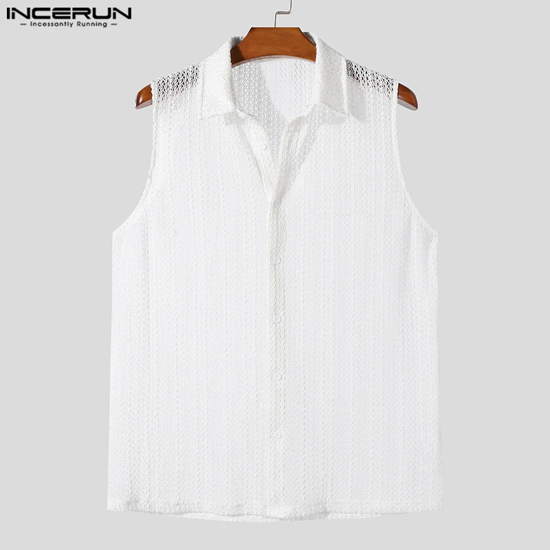 INCERUN Men Shirt Solid Color Hollow Out Summer Lapel Sleeveless Casual Men Clothing Vacation Streetwear 2024 Fashion Camisas