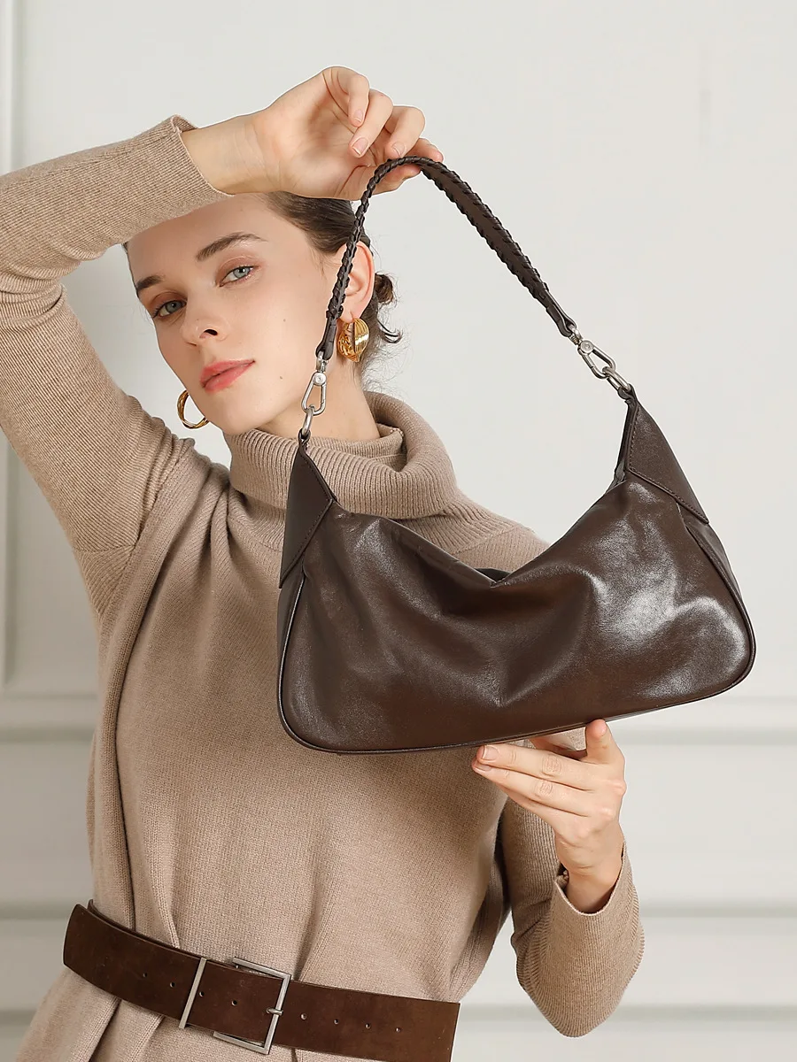 New Crystal Vegetable Tanned Genuine Leather Women's Handbag Shoulder Bag Crossbody Bag Underarm Bag Fashion Accessory
