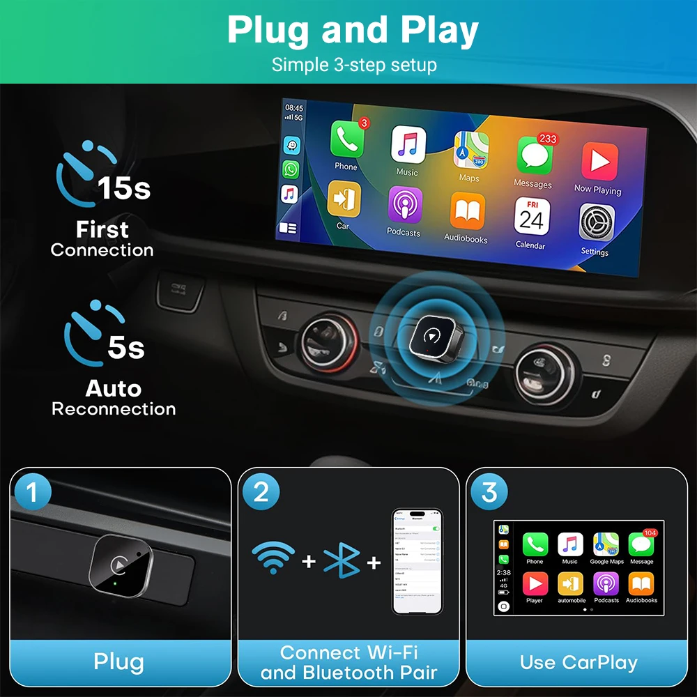 محول Carplay اللاسلكي الصغير يحول السلكي إلى iPhone اللاسلكي Android Auto Car Stereo Type-C/USB Dongle Smart Plug Play Bluet #6