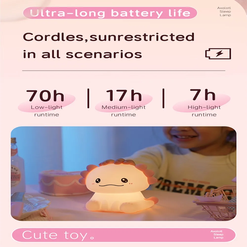 سيليكون ضوء الليل مصباح سيليكون شكل Axolotl LED تغيير الألوان إضاءة مشرقة لطيف لغرفة نوم الحضانة الحمام طفل صغير #5