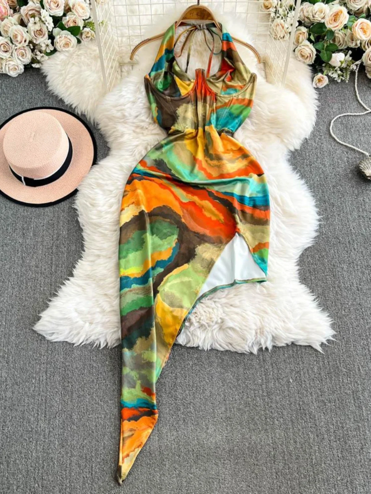 Foamlina American Ins Irregular Tie-dye Printing Halter Neck Dress Women's 2024 New High-waisted Show Thin Bodycon Dresses