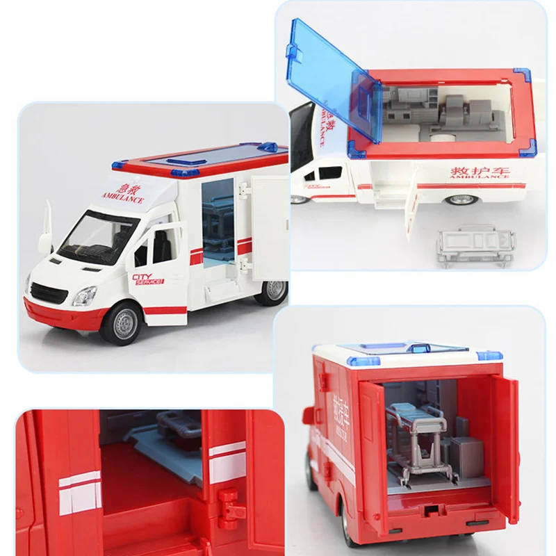 1:16 Large Ambulance City Rescue Car Music Light Pull Back Vehicle Model Boy Children Educational Toy Gift