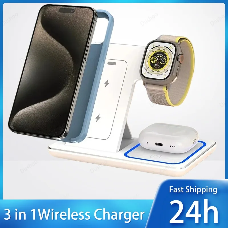 

Складная беспроводная зарядная станция 3-в-1 для iPhone 17 16 15 14 13 12 Pro Max, iWatch 11 10, Airpods Pro – быстрая зарядная док-станция/подставка