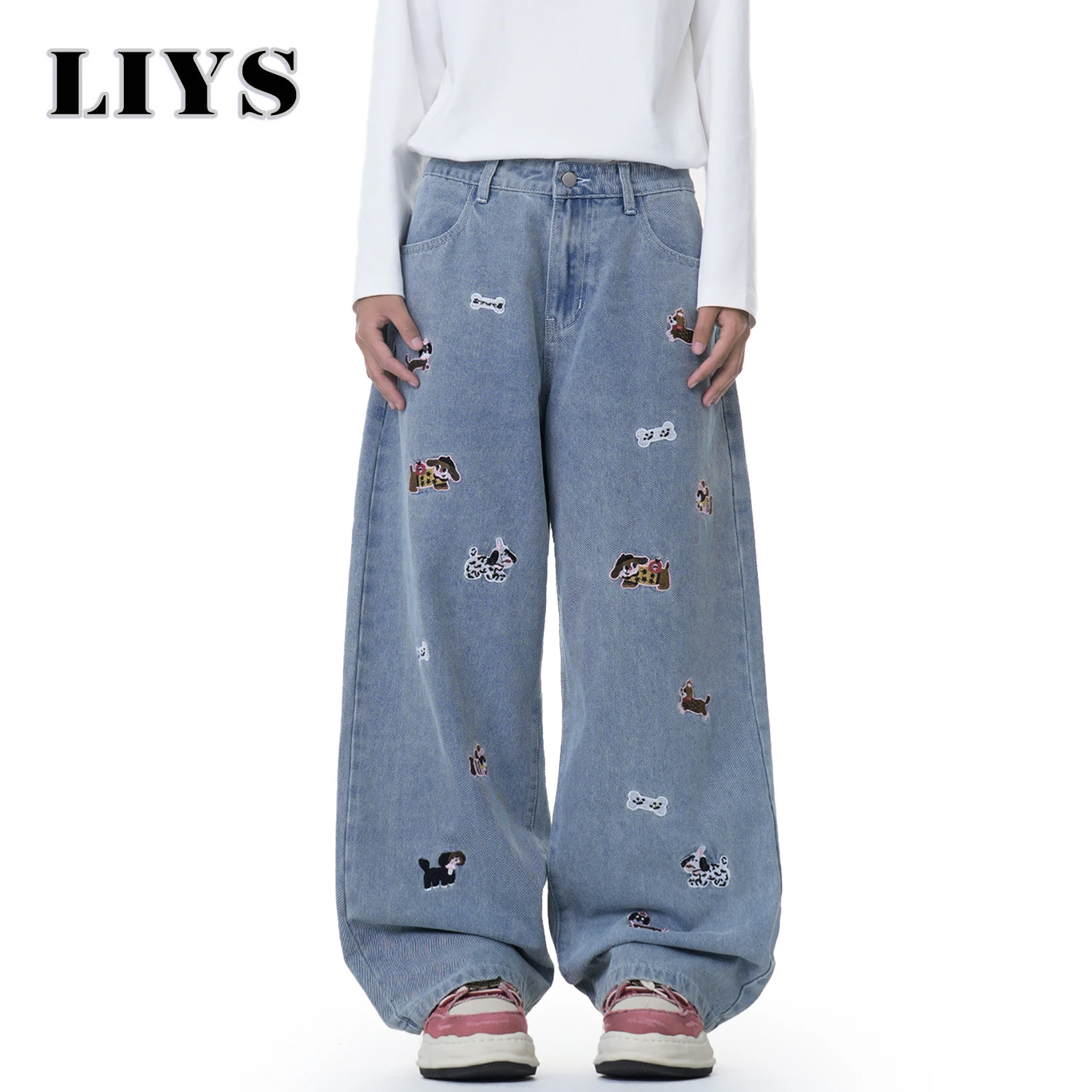 

Korean Cartoon Retro Cute Dog Embroidery Loose Wide-Leg Men's Jeans Classic Blue Y2K Baggy Women's Denim Pants Unisex Clothes