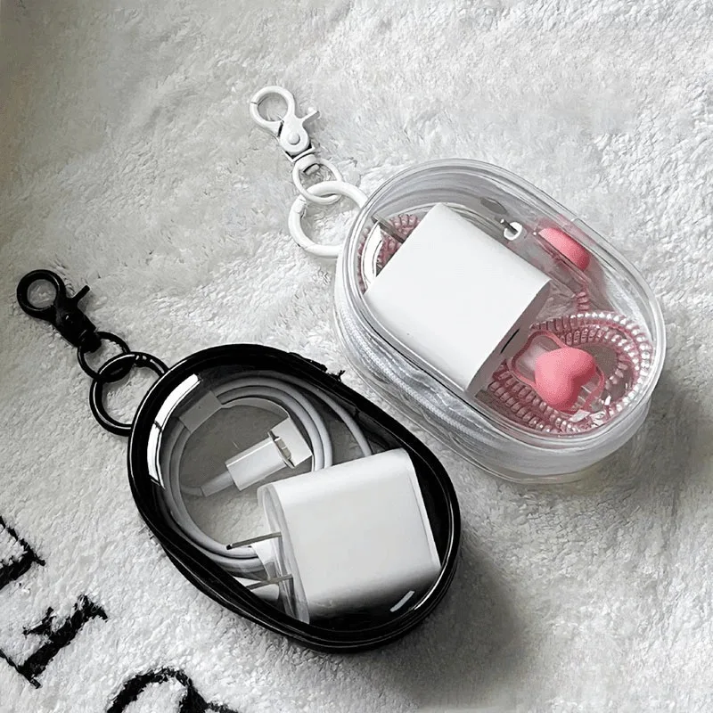 Portable Mini Clear Zipper Storage Bag - Space-Saving Organizer Earphones & Chargers, Versatile with Handy Keychain Loop woman